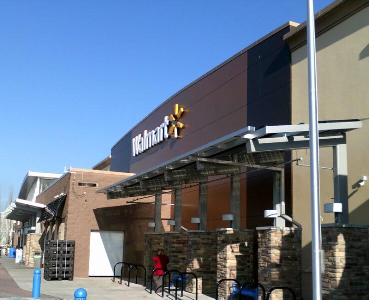 LSX Frameless Solar Canopy covers the main entryway at a Walmart in Portland, Oregon.