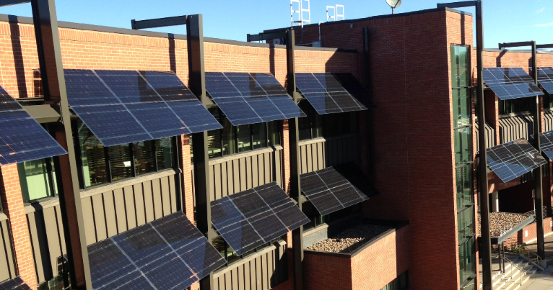 LSX Solar Module System with translucent solar panels shade over the windows at this UCAR building in Boulder, CO.