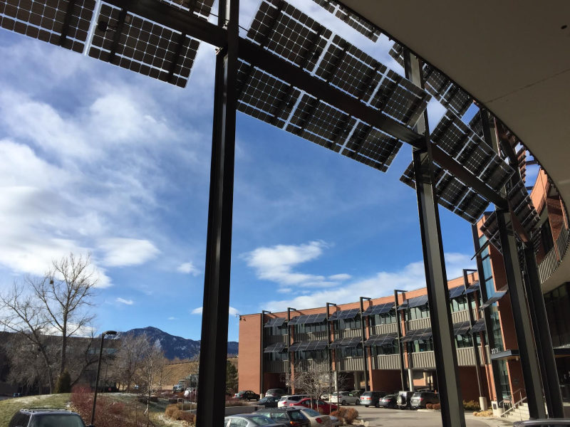 LSX Solar Module System with translucent solar panels shade over the windows at this UCAR building in Boulder, CO.