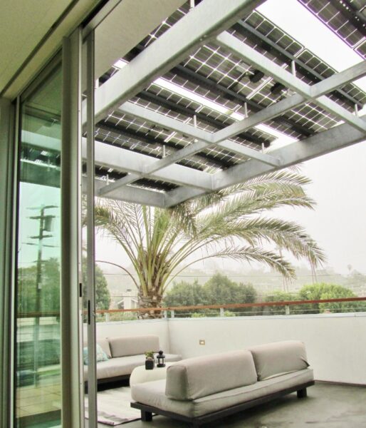 Solar Awning with LSX Solar Modules cover this outdoor patio in Southern California