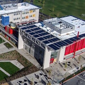 Solar Awning covers the front entryway of Nueva High School as seen from an aerial view.