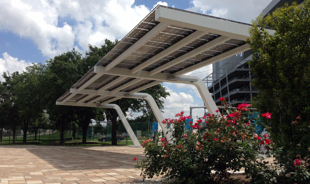 Solar Canopy with EV charging stations in the parking lot of NRG Stadium in Houston.