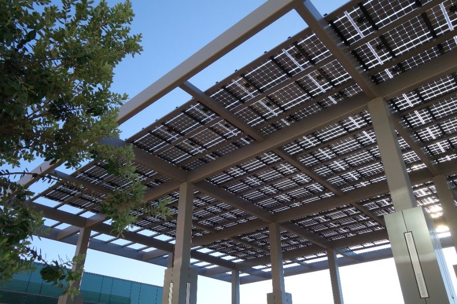Solar canopy with Lumos Solar LSX translucent, weatherproof Modules.