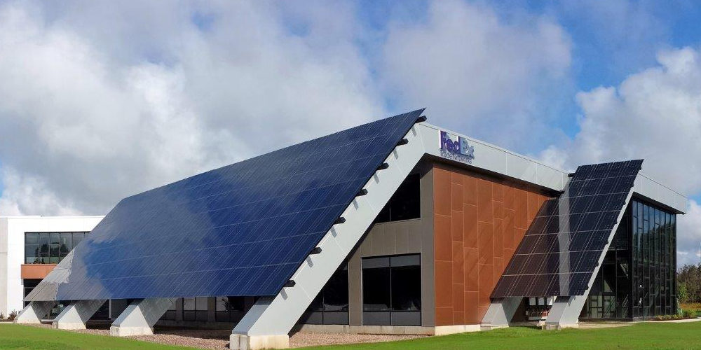 LSX Solar Panel Awning covers the front entrance of FedEs headquarters, providing a shade and solar power.