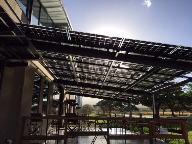 LSX Solar Panel Canopy covers the seating and dining area at Maui Brewing.