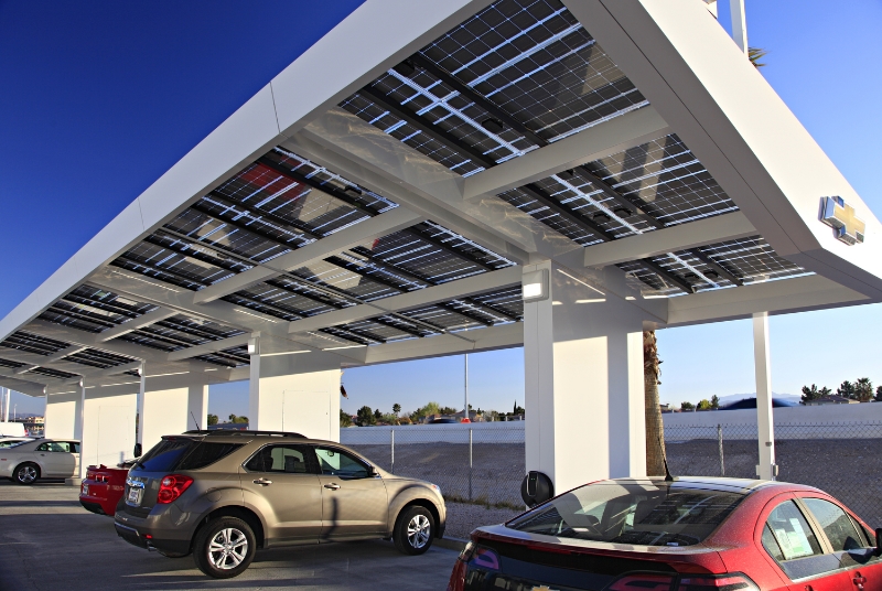 Solar Carport provides shade and solar power at this car dealership.