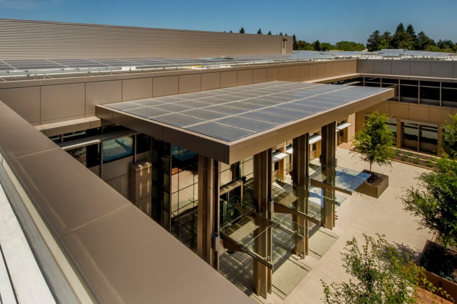 LSX Solar Panels cover this Solar Awning over the entrance at Stanford Research Park.