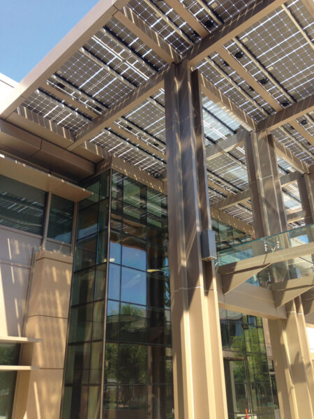 Solar Awning covers the entrance at Stanford Research Park.