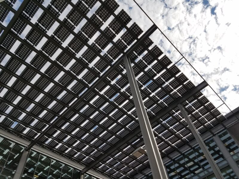 Solar Panel Awning structure underside view with steal beam structure at UC Irvine CA