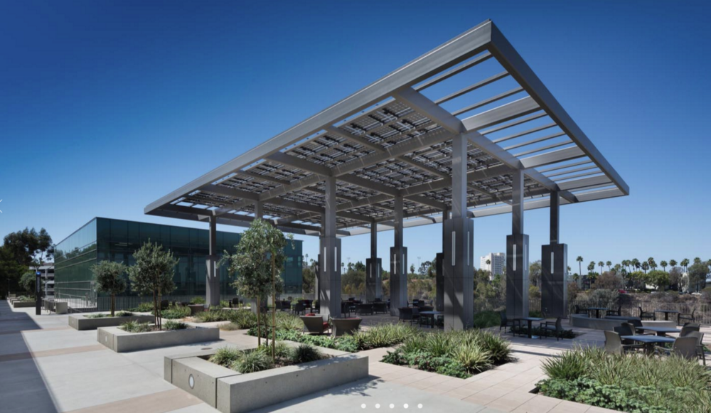 Solar canopy with Lumos Solar LSX Modules covering outdoor seating area at San Diego State.