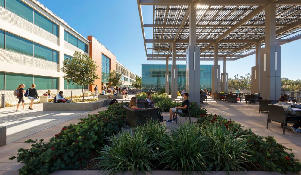 Solar canopy with Lumos Solar LSX Modules covering outdoor seating area on university campus.