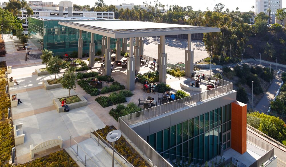 LSX Solar Canopy covers a student seating area as seen from this aerial view at San Diego State University