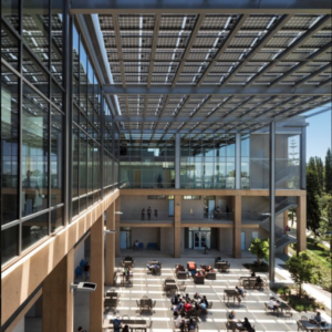 Solar Awning covering large outdoor seating are outside of building at UC Irvine