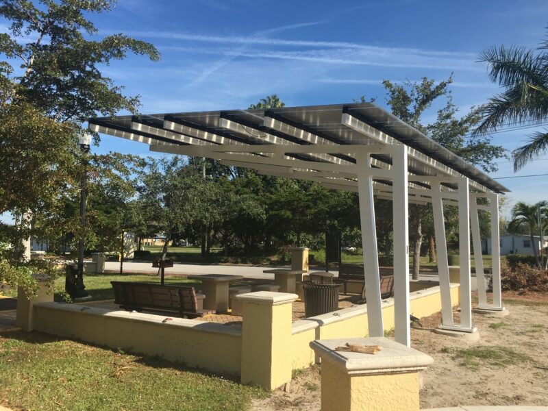 Solar Canopy Solarscape provides shade and solar power at Bailey Brothers Park. Florida.