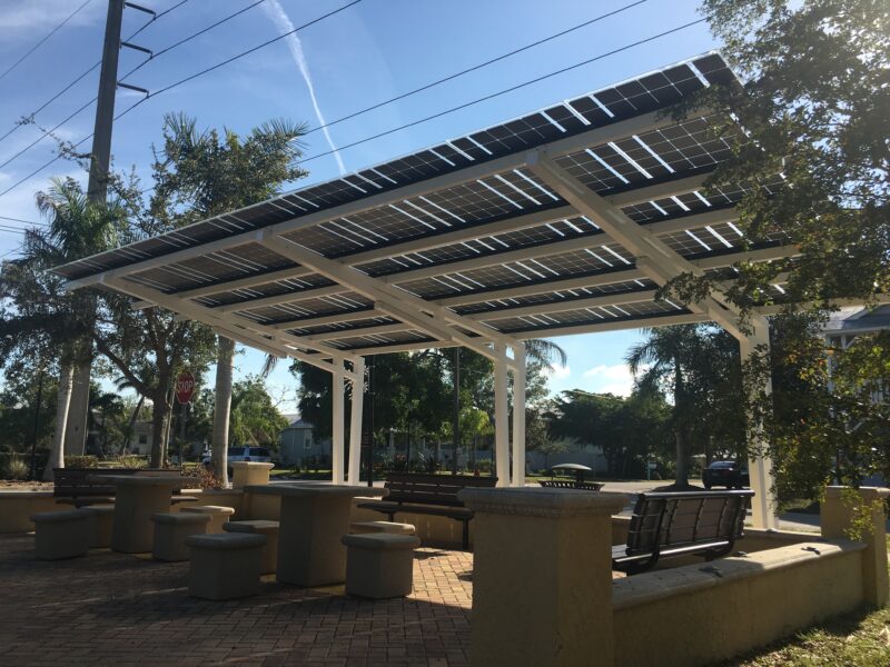 Solar Canopy Solarscape provides shade and solar power at Bailey Brothers Park. Florida.