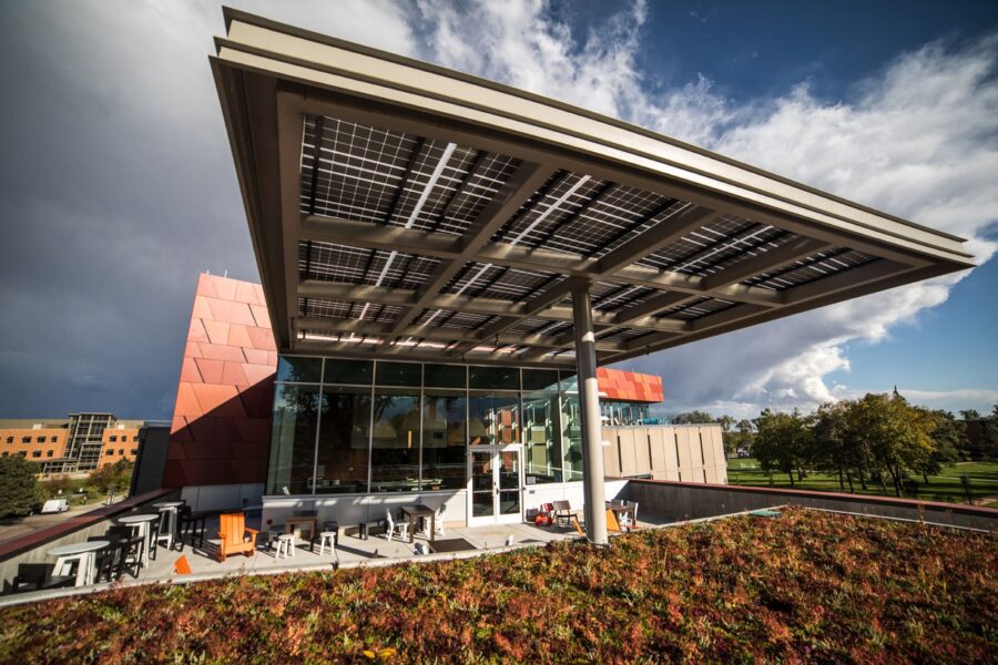 LSX Solar Canopy over the outdoor cafe at the Tutt Library provides protection from the weather while generating solar power for the school on a sunny day.