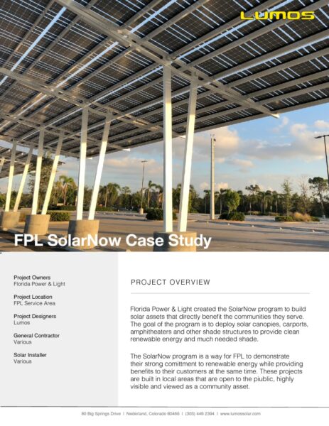 Lumos Solar Case Study on Florida Power and Light Solar Parking Structure. 