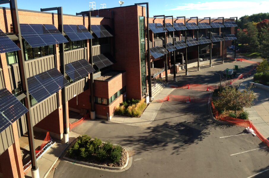Solar Awnings over the windows of this UCAR building provide shade and solar power as seen from this aerial view.