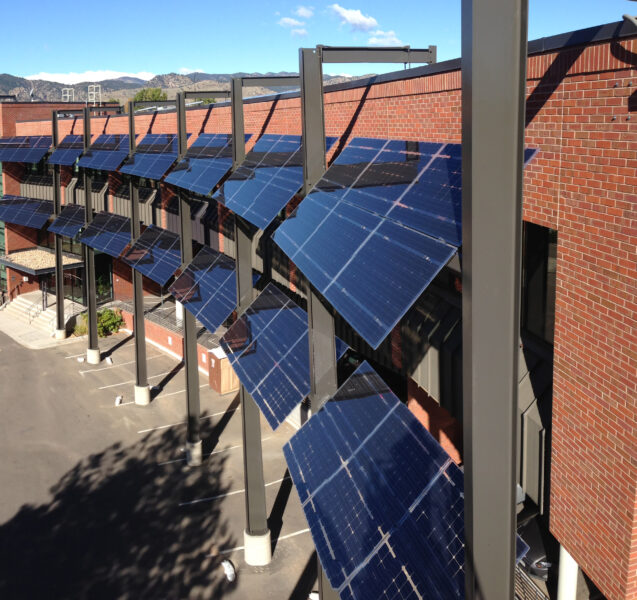 Solarscape LSX Solar Modules System provides shade over the building windows and solar power to this UCAR building.