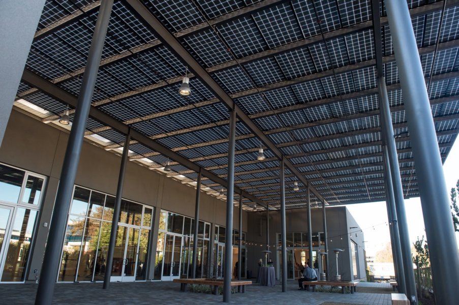 Solar Canopy with glass-glass solar panels covers the entryway at the Pastoria Building in California.