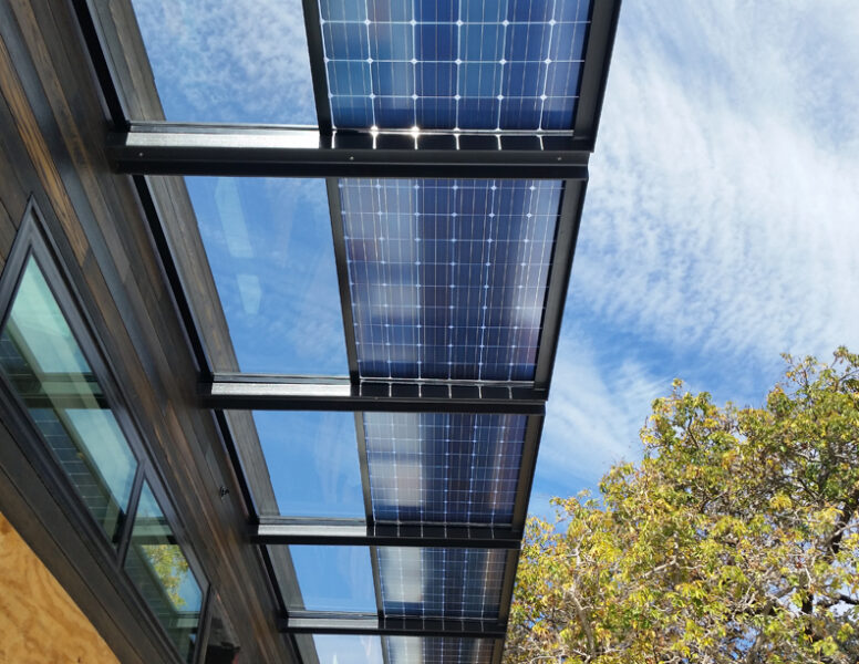 Solar Awning made from GSX Bifacial Glass-glass solar panels provide shade and solar power while letting the sunlight shine through at the The French Laundry.