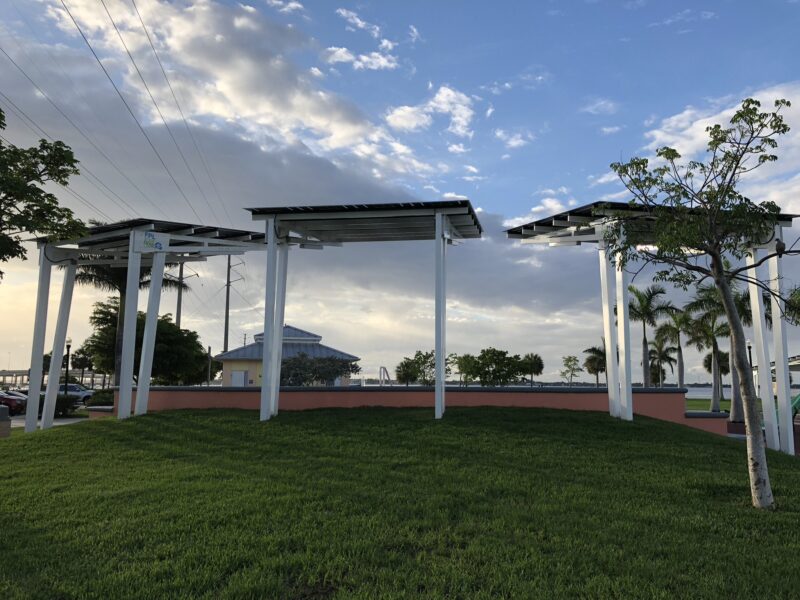 Solarscapes LSX Solar Module System provides shade and solar power for an FPL Project in the playground of Laishley Park Florida.
