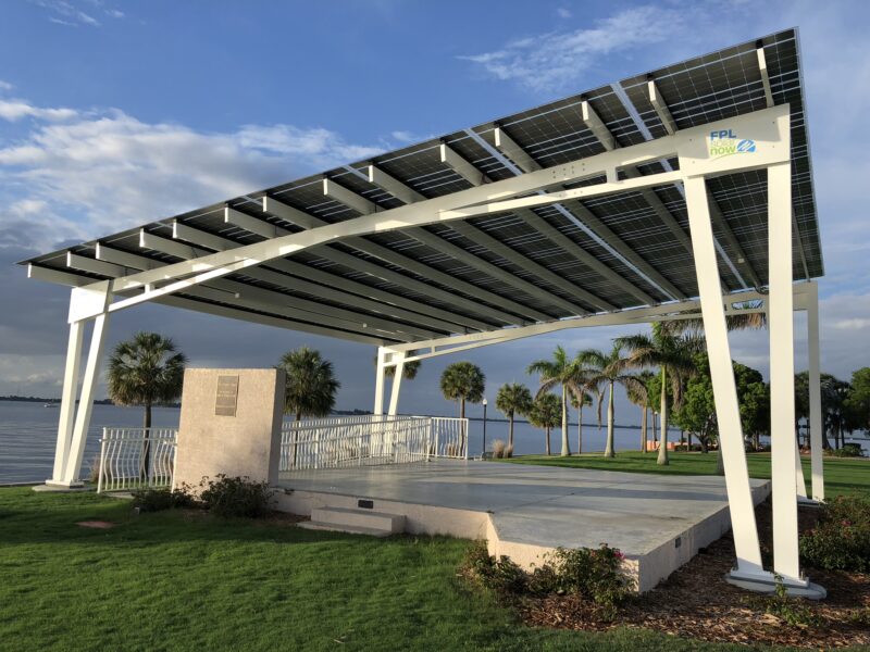Solarscapes LSX Solar Module System provides shade and solar power for an FPL Project in Laishley Park Florida.