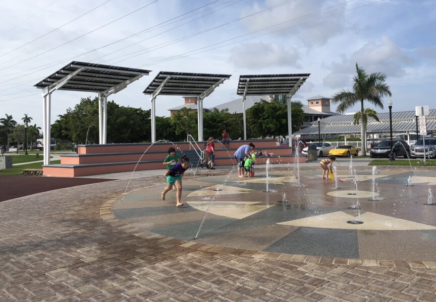 Solarscapes LSX Solar Module System provides shade and solar power for the children playing in the fountains at Laishley Park