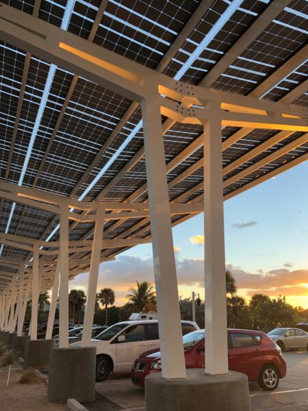 LSX SolarScape Carport Solar Powered Parking Structure covers parking area at Oceanfront Park providing protection and beautiful solar design. A Florida Power and Light Project.