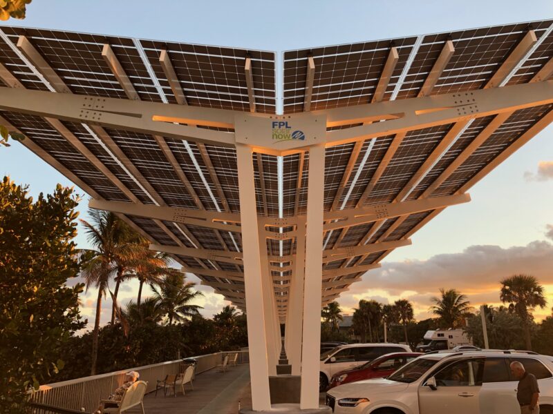 Solar Parking Structure cover parking area at Oceanfront Park providing protection and beautiful solar design. A Florida Power and Light Project.