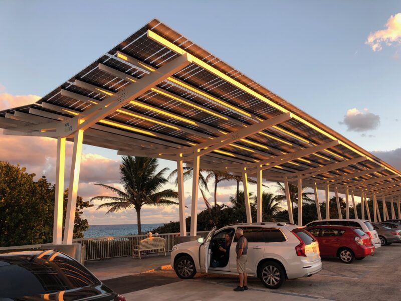 Solarscape solar carport featuring LSX panels covers parking lot at Oceanfront Park in Boyton Beach, Florida