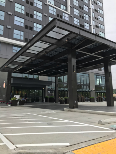 GSX Bifacial Solar Panels cover the entryway canopy at the Interurban Hotel.