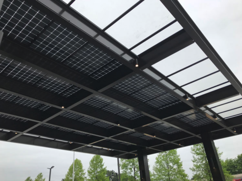 GSX Bifacial Solar Panels cover the entryway canopy at the Interurban Hotel.