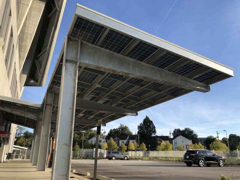 Solar Carport provides shade and solar power for the valet parking area in front of the Mercedes Benz Stadium in Atlanta, GA.
