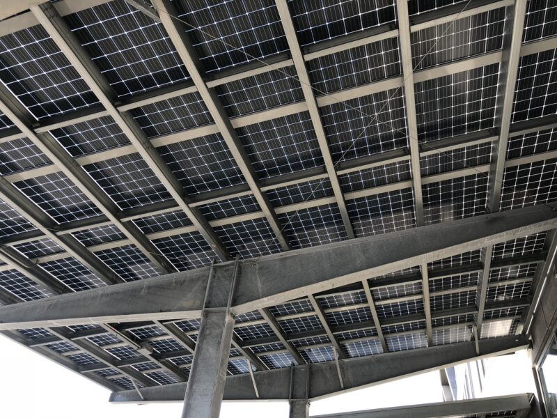 Solar Panels mounted on the carport covering in the parking lot of Mercedes Benz Stadium.