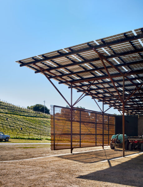 Solar Canopy provides shade and solar power for the equipment barn at the Saxum Vineyard