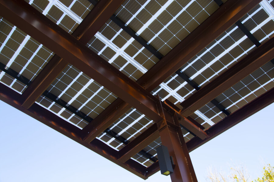 Solar Panels cover the Canopy structure provides shade and solar power for this Community Space