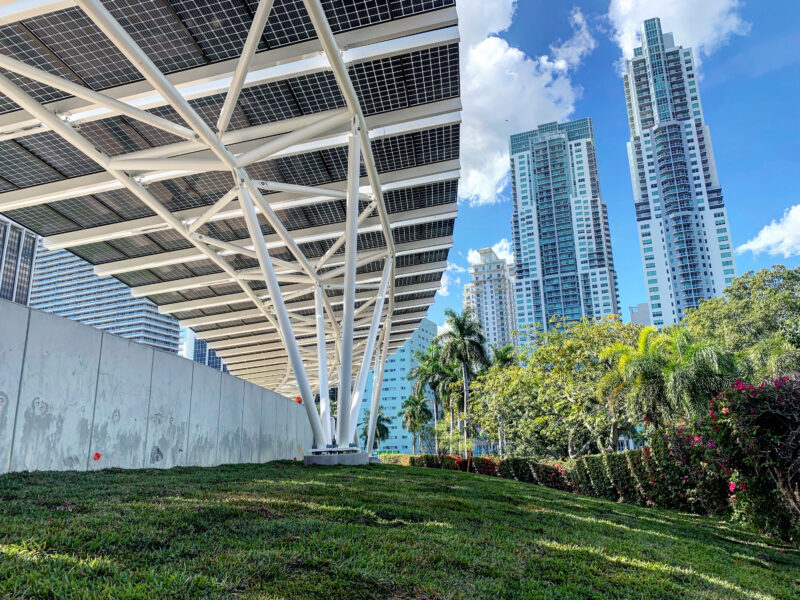 LSX Curved Solar Module System elevated above Miami Bayfront Park with view of downtown Miami in background