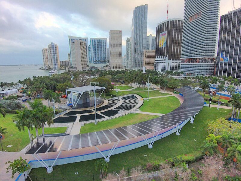 LSX Curved SolarScape covers the walkway around Miami Bayfront Park from an aerial view with downtown Miami in the background