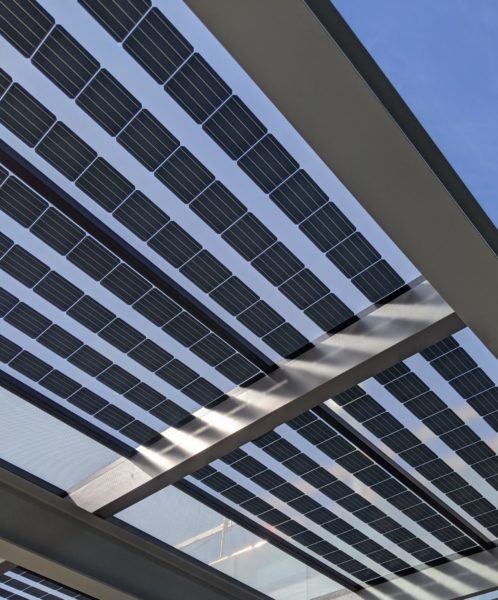 GSX Bifacial, weatherproof Glass-Glass Solar Panels provide shade and solar power while letting sunlight shine through the translucent panels.