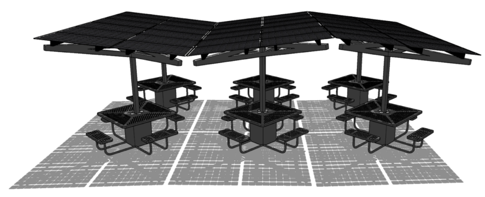 Graphic of six SolarZone Solar Workstations with Solar Panel Shades connected to create a workspace.