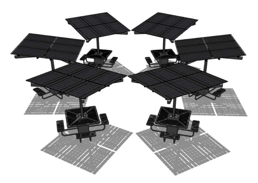 Graphic of six SolarZone Solar Workstations configured in a circle to create a workspace with multiple seating options.