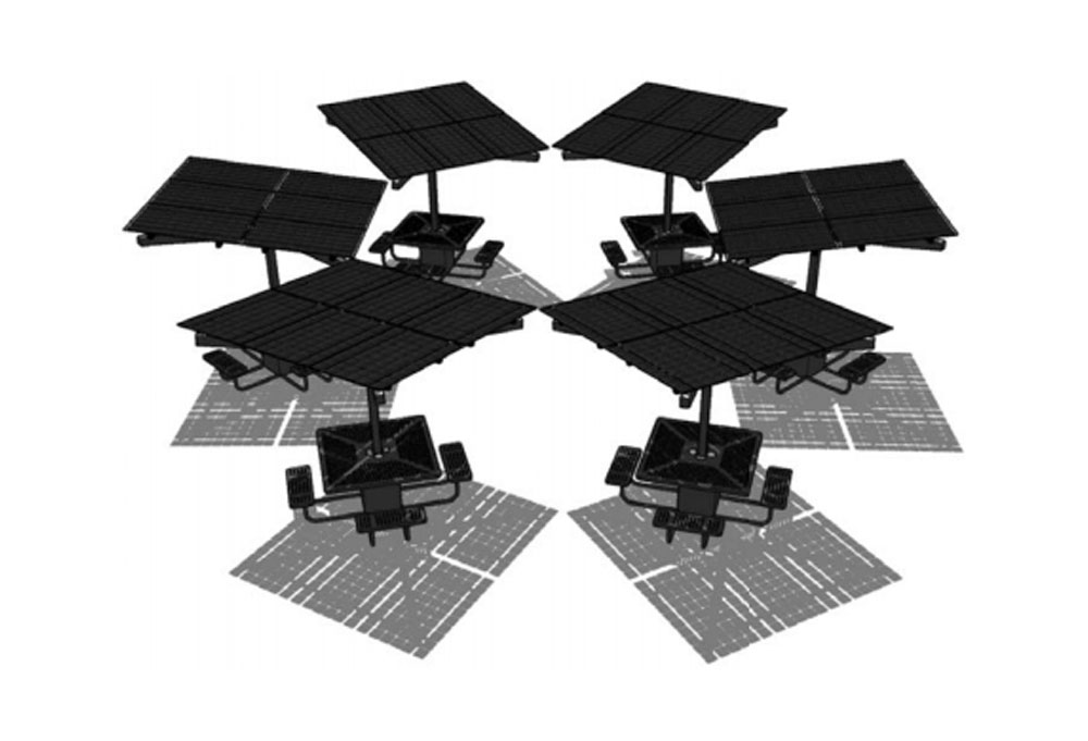 Graphic of six SolarZone Solar Table Workstations in a circle creating a workspace.