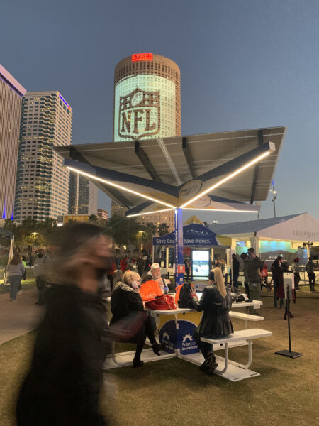 Lumos SolarZones, with LSX Solar Panels, debut at the Super Bowl NFL Experience in Tampa, Florida to provide high-end, shaded charging recreational workstations with social distancing built in.