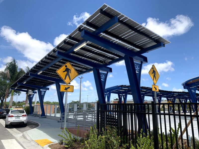 Solar Canopy with cantilevered design provides shade and solar power to passengers at the West Lauderhill Mall Transit Center.