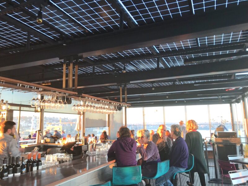 Solar Canopy with GSX Bifacial Panels create an outdoor space overlooking the water while guests dine at the MBar.