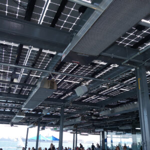 Solar Canopy with LSX Frameless Solar Module provides shade and solar power for guests at Coasterra Restaurant.