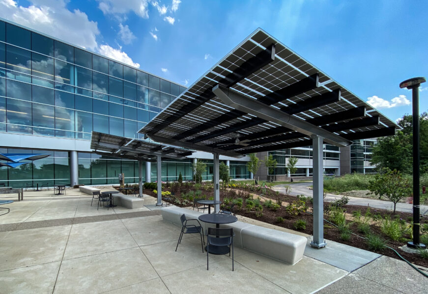 Side views of SolarScapes with LSX providing shade for seating at a P&G corporate campus in Ohio