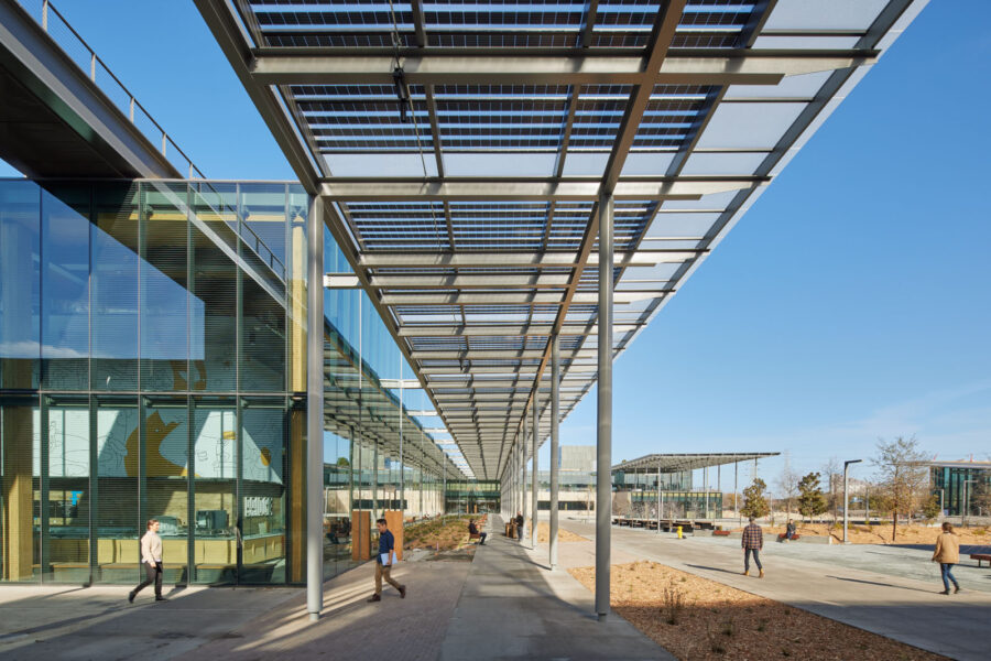People walking on Microsoft's brand new Silicon Valley Campus under Lumos Cutting Edge Solar Panels