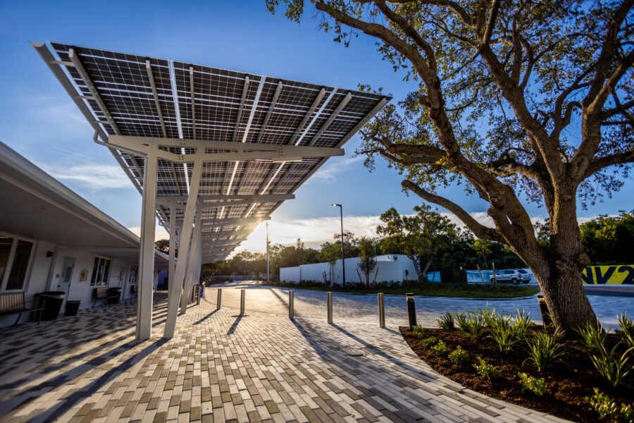 Sunset view of LSX Lumos SolarScape at remodeled School Drive Up Lane in Miami, Florida